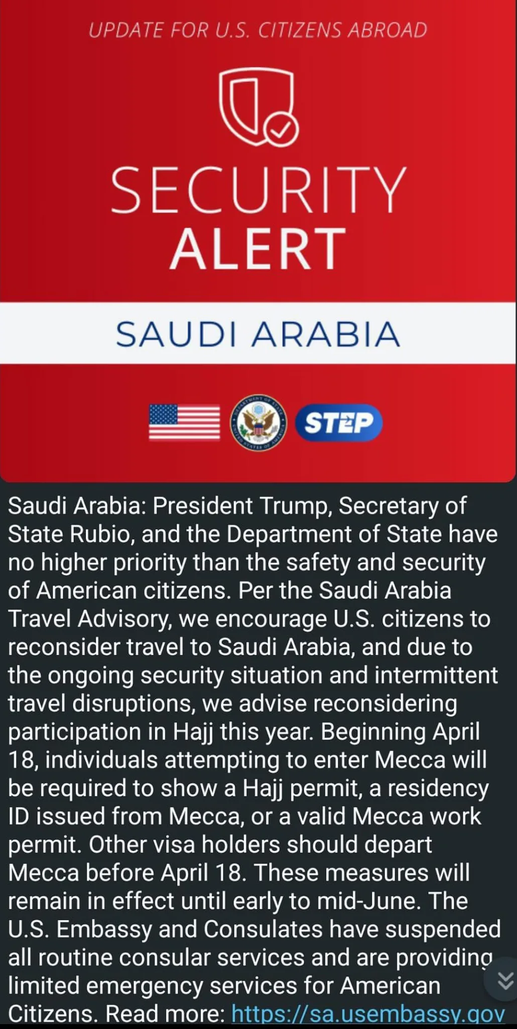 امریکا نے سعودی عرب میں امریکی شہریوں کیلئے نیا سیکورٹی الرٹ جاری کردیا 